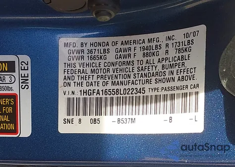 2008 Honda Civic Lx from USA, damaged, VIN 1HGFA16558L022345